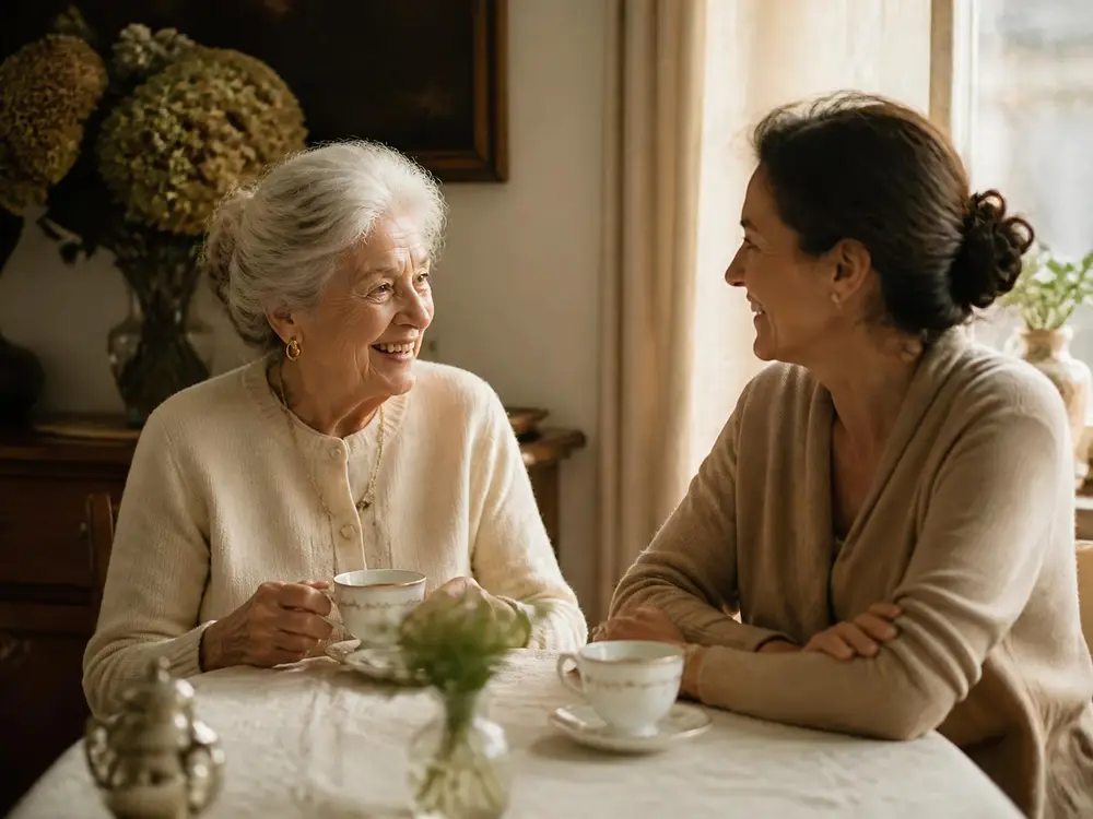 Une dame âgée partage un café avec sa compagne Ami'Senior dans un salon lumineux